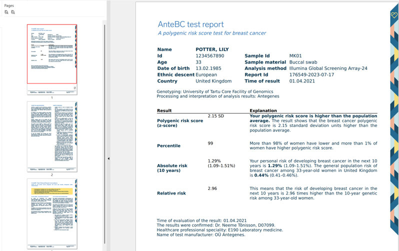 Female Multi Cancer Risk Risk Scoring Example Report